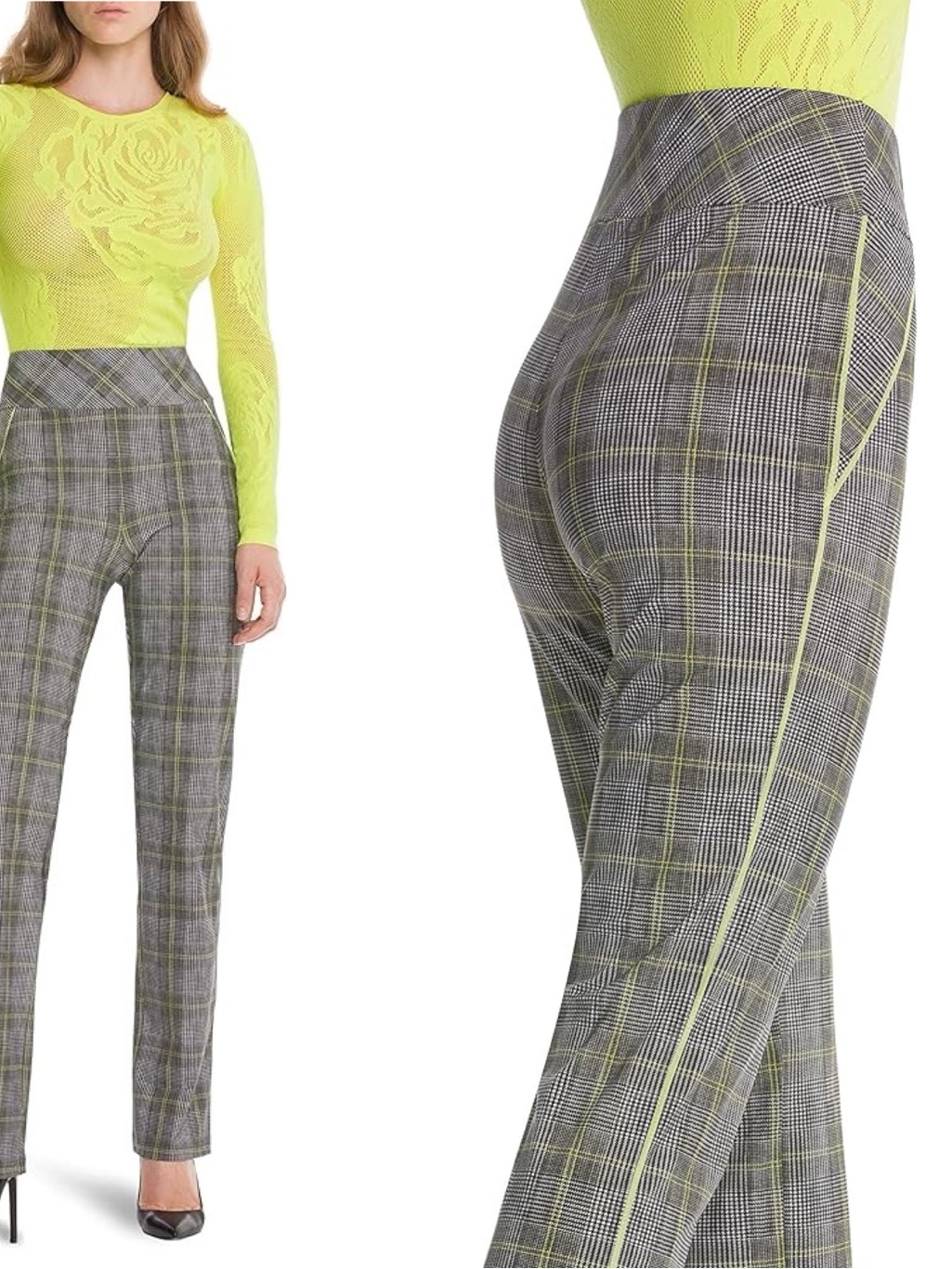 Wolford Tartan Plaid Stretchy Pull Up High Waisted Pants Grey Neon Lime $370